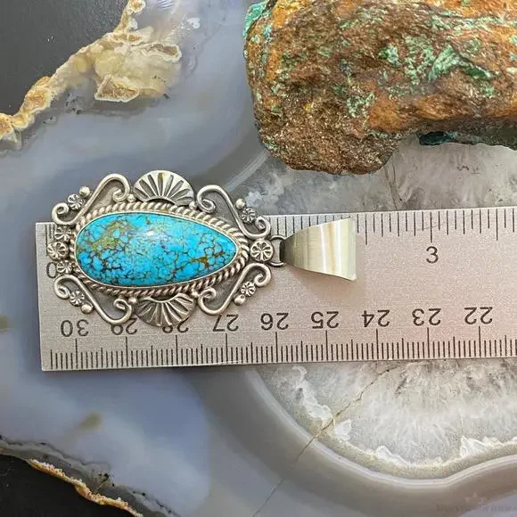 Mary Ann Spencer Sterling Silver Elongated Kingman Turquoise Decorated Pendant - Picture 10 of 10